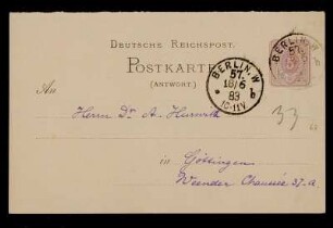 Nr. 15: Postkarte von Carl Runge an Adolf Hurwitz, Berlin, 18.6.1883