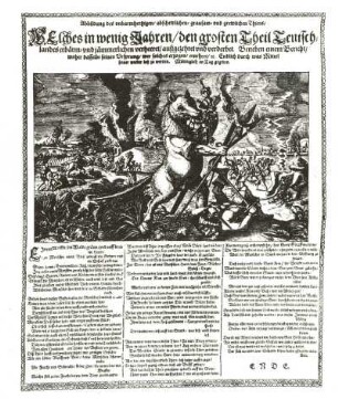 Anonymes satirisches Flugblatt auf den 30jährigen Krieg. Textdruck mit Holzschnitt