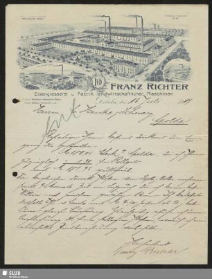 Franz Richter, Eisengiesserei u. Fabrik landwirtschaftlicher Maschinen, Döbeln : Anschreiben