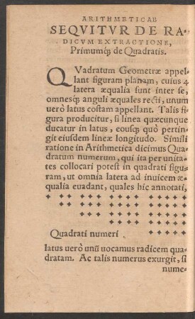 Sequitur De Radicum Extractione, Primumque de Quadratis.