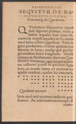 Sequitur De Radicum Extractione, Primumque de Quadratis.