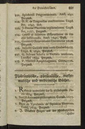 885-892, Philosophische, physicalische, mathematische und medicinische Bücher.