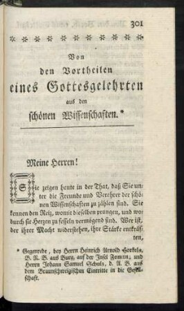 Von den Vortheilen eines Gottesgelehrten aus den schönen Wissenschaften.