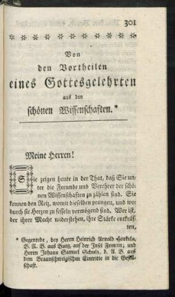 Von den Vortheilen eines Gottesgelehrten aus den schönen Wissenschaften.