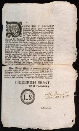 Demnach man in zuverlässige Erfahrung gebracht, gestalt einige Vor- und Auffkäuffere, auf denen Dörffern, in den Fürstenthümern Schleßwig und Hollstein, herumziehen, die Vieh-Häute, oder das rohe Lehder, einzeln aufkauffen, und bey Quantitäten wieder absetzen, dadurch aber denen Schustern und Fell-Bereitern in denen Städten, die Gelegenheit benehmen, das rohe Lehder anzuschaffen, und hinwieder zu verarbeiten ... : Signatum Drage den 15ten Septembris 1744