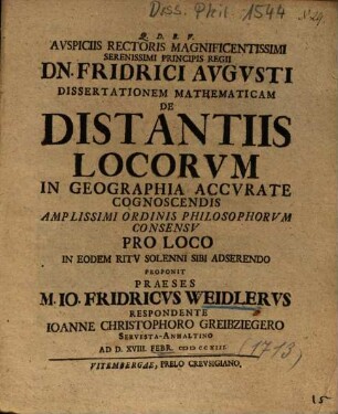 Dissertationem Mathematicam De Distantiis Locorvm In Geographia Accvrate Cognoscendis