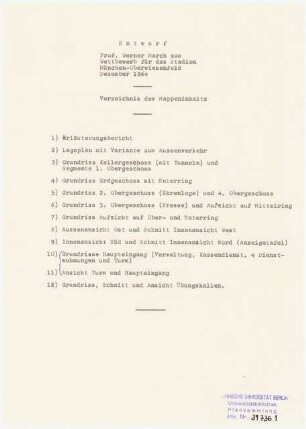 Stadion Oberwiesenfeld, München: Mappe »Wettbewerb Stadion München, Entwurf Professor Werner March«. Inhaltsverzeichnis, 1 Blatt