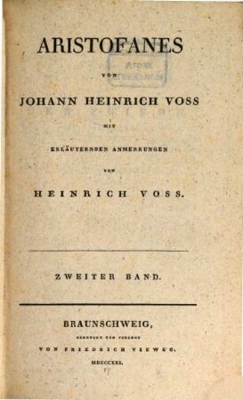 Aristofanes : in drei Bänden, 2. [Inhalt: I. Der Friede, II. Die Vögel, III. Lysistrata]