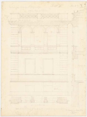 Schloss Brynnek bei Tworog Erweiterungsbau: Aufriss Westseite (Mittelteil), Fassadenschnitt vertikal und horizontal; Maßstabsleiste; Berechnungen