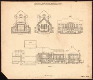 Opernhaus am Kurfürstendamm, Berlin-Charlottenburg: Längsschnitt und Querschnitte 1:200