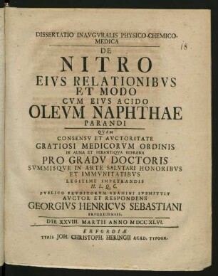 Dissertatio Inauguralis Physico-Chemico-Medica De Nitro Eius Relationibus Et Modo Cum Eius Acido Oleum Naphthae Parandi
