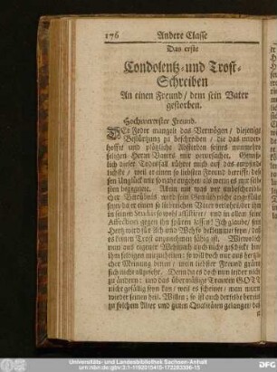 Das erste Condolentz- und Trost-Schreiben An einen guten Freund, dem sein Vater gestorben.