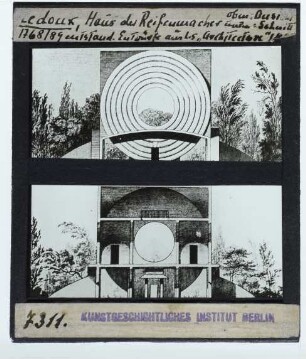 Ledoux, Idealstadtentwurf, Haus der Reifenmacher : Ansicht (oben), Schnitt (unten)