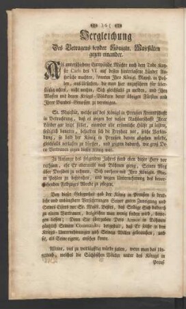 Vergleichung Des Betragens beyder Königln. Majestäten gegen einander