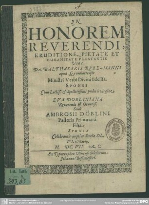In honorem Balth. Ruremanni ...cum Eva Dobliniana ... celebrantis nuptias ...