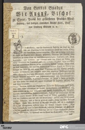 Von Gottes Gnaden Wir August, Bischof zu Speier...
