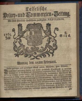 8. Stueck, Montag den 25ten Februarii 1765