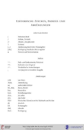 Editorische Zeichen, Idizes und Abkürzungen