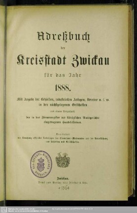1888: Adreßbuch der Kreisstadt Zwickau