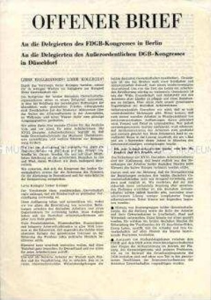 Offener Brief von der Deutschen Arbeiterkonferenz an die Delegierten der Kongresse des FDGB und des DGB zu Fragen der deutschen Einheit