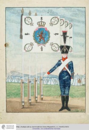 Abbildung Des Gros[s]herzoglich Hessischen Militair. [Tafel 3: Leib-Garde-Regiment; Ein Fahnenträger des Regiments mit den Regimentsfahnen]. S.l.e.a. [ca. 1813/14]