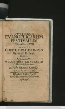 Divitiarum Evangelicarum Festivalium Disquisitio XVIII