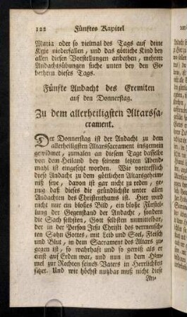 122-127, Fünfte Andacht des Eremiten auf den Donnerstag. Zu dem allerheiligsten Altarssacrament