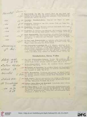 Metallarbeiten, Uhren, Waffen (Nr. 112-166)