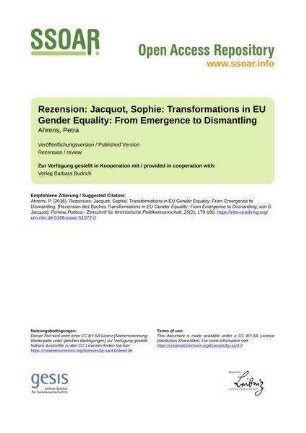 Rezension: Jacquot, Sophie: Transformations in EU Gender Equality: From Emergence to Dismantling