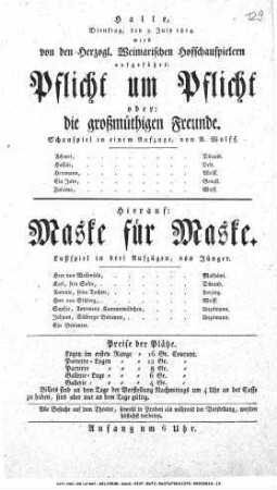 Pflicht um Pflicht oder: die großmüthigen Freunde