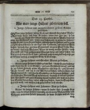 Das 15. Capitel. Wie man junge Hühner zubereiten soll.