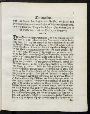 Declaration, welche im Namen der Kayserin aller Reussen ... Warschau am 18. und 26. Sept. 1772. eingegeben worden.
