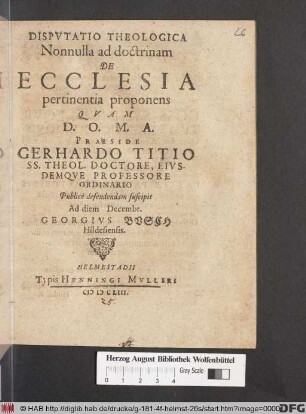 Disputatio Theologica Nonnulla ad doctrinam De Ecclesia pertinentia proponens