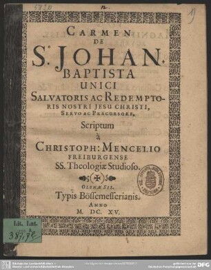Carmen De So. Johan. Baptista Unici Salvatoris Ac Redemptoris Nostri Jesu Christi, Servo Ac Pracursore