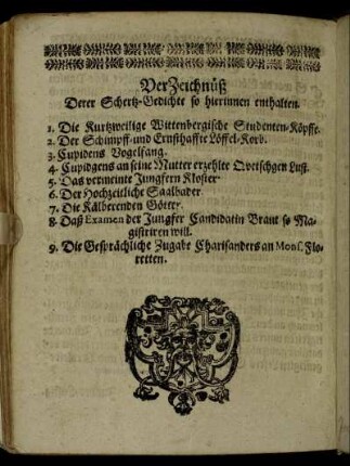 Verzeichnüß Derer Schertz-Gedichte so hierinnen enthalten.