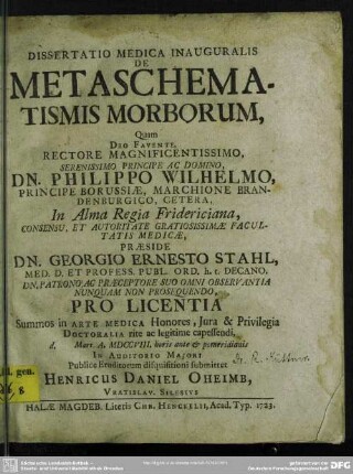 Dissertatio Medica Inauguralis De Metaschematismis Morborum