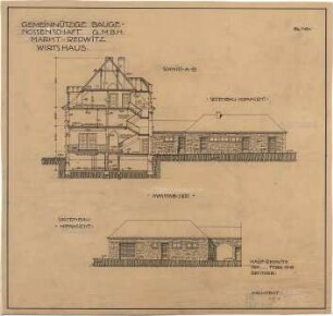 Fischer, Theodor; Marktredwitz; Baugenossenschaft Vereinigte Chamottfabrik, Wirtshaus - Seitenbau Hofseite (Ansicht); Schnitt