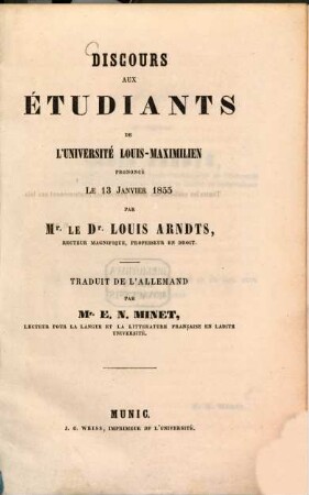 Discours aux étudiants de l'Université Louis-Maximilien : prononcé le 13. Janvier 1855