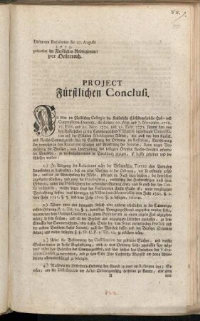 Project Fürstlichen Conclusi : Dictatum Ratisbonæ die 20. Augusti 1774. privatim im Fürstlichen Nebenzimmer per Oesterreich
