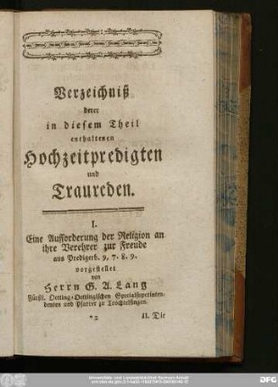 Verzeichniß derer in diesem Theil enthaltenen Hochzeitpredigten und Traureden.