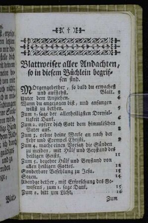 Blattweiser aller Andachten, so in diesem Büchlein begriffen sind.