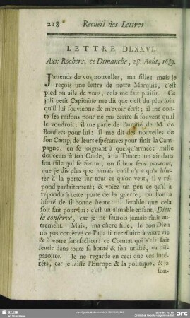 Lettre DLXXVI. Aux Rochers, ce Dimanche, 28. Août, 1689