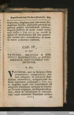Cap. IV, In Quo Vaticinia, Miracula & Iesu Christi Resurrectio, Ab Adversariorum Obiectionibus Vindicantur.