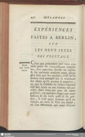 Expériences Faites A Berlin, Sur Les Deux Sexes Des Végétaux