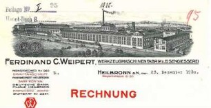 Rechnung der Werkzeugmaschinenfabrik Ferdinand C. Weipert mit Firmenansicht