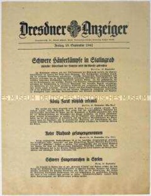 Nachrichtenblatt "Dresdner Anzeiger" mit Meldungen des Oberkommandos der Wehrmacht und des italienischen Oberkommandos u.a. zur Schlacht um Stalingrad