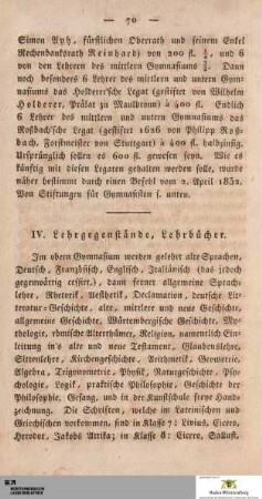 IV. Lehrgegenstände, Lehrbücher
