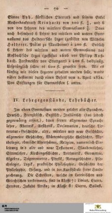 IV. Lehrgegenstände, Lehrbücher