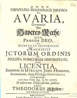Disputatio inauguralis juridica De avaria, Germanicè Von Haverey-Recht