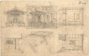Thiersch, August ; Gebäude, Nebengebäude, Innenausstattung - unbestimmbare Einzelblätter - Nebenbauten (Grundriss, Teilgrundrisse, Ansicht, Perspektive, Details)